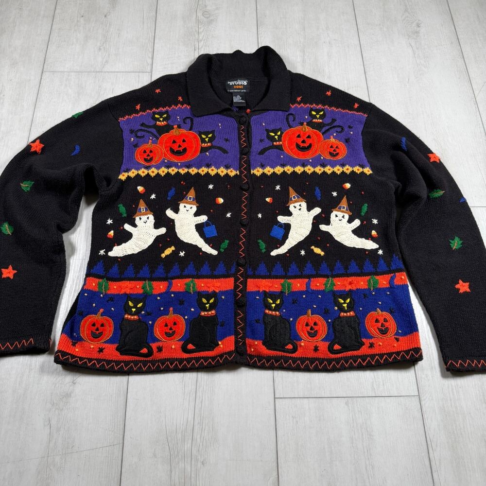 Halloween Ugly Grandma Ghost Holiday Sweater Size XL Cardigan Black Pumpkin